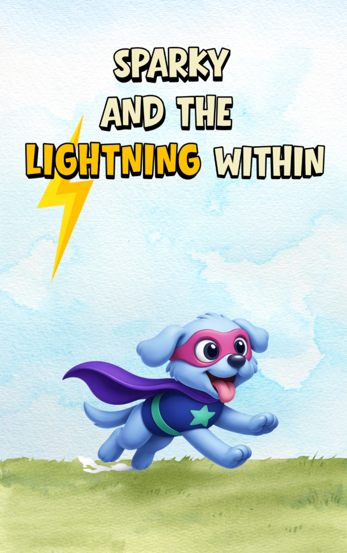 Cover page: Sparky and the Lightning Within. Sparky the blue superhero puppy runs across a grassy field under a bright sky.